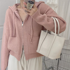 Solid Hooded Zip Up Knit Cardigan