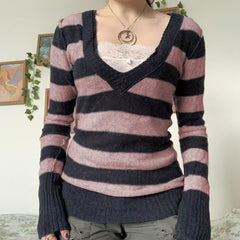 Retro Striped V-Neck Slim Sweater