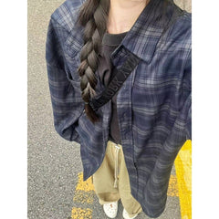 90s Retro Plaid Print Oversized Blouse