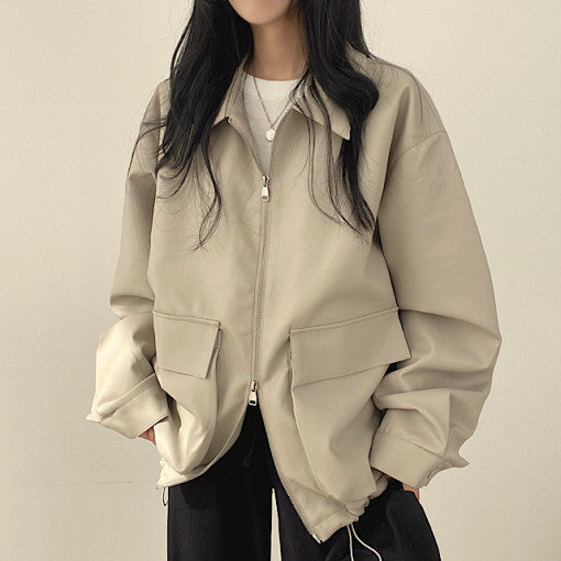 Chic Lapel Double Pocket Leather Jacket – Retro Korean Loose Fit Zip-Up Coat