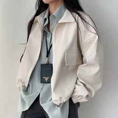 Pu Leather Big Pocket Zip Up Oversized Jacket