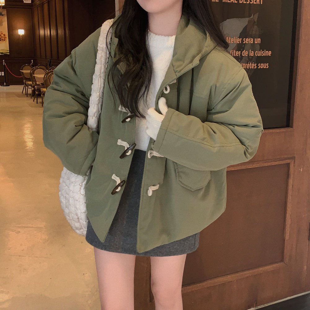 Winter cow horn button insulated hooded cotton coat