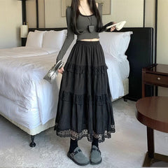 Solid Color Lace Patchwork Ruffled Maxi Skirt