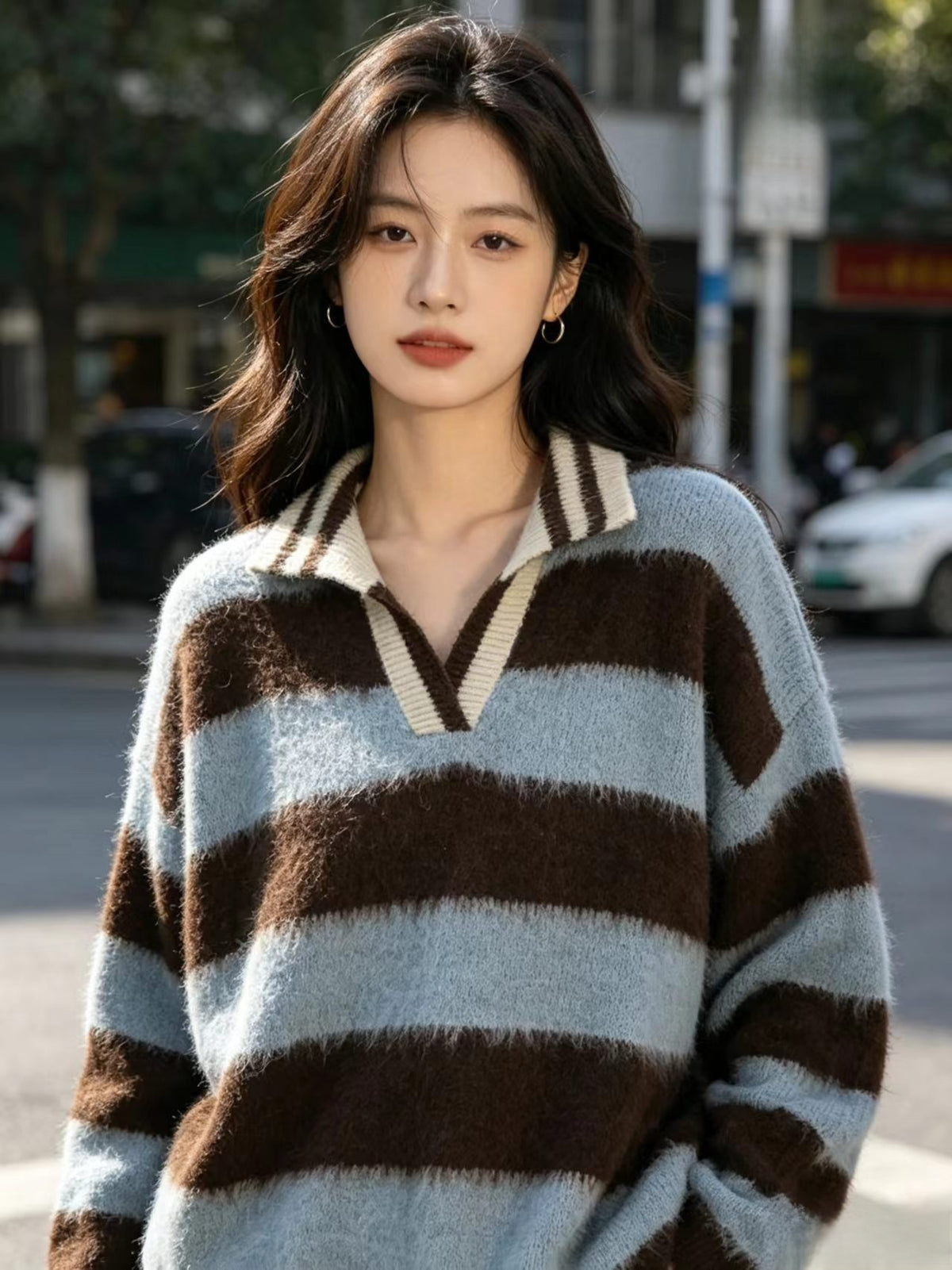 Color-Blocked Striped Off-Shoulder Polo Neck Knitted Pullover Sweater