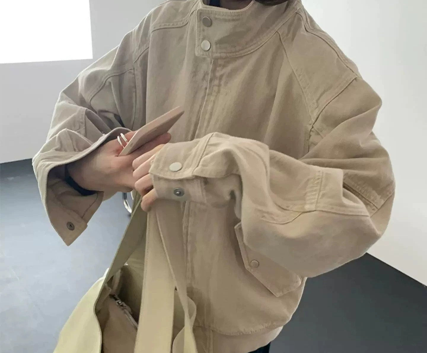 Stand collar zipper cotton jacket in beige, collar and sleeve detail