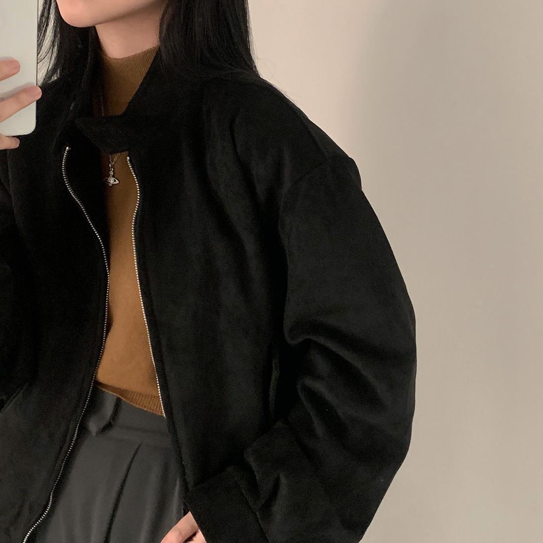 Vintage Stand Collar Velvet Loose Zipper Jacket