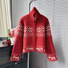 Aesthetic Snowflake Print Zip Up Cardigan