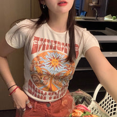 Indie Print Short Sleeve Crop Top - fairypeony