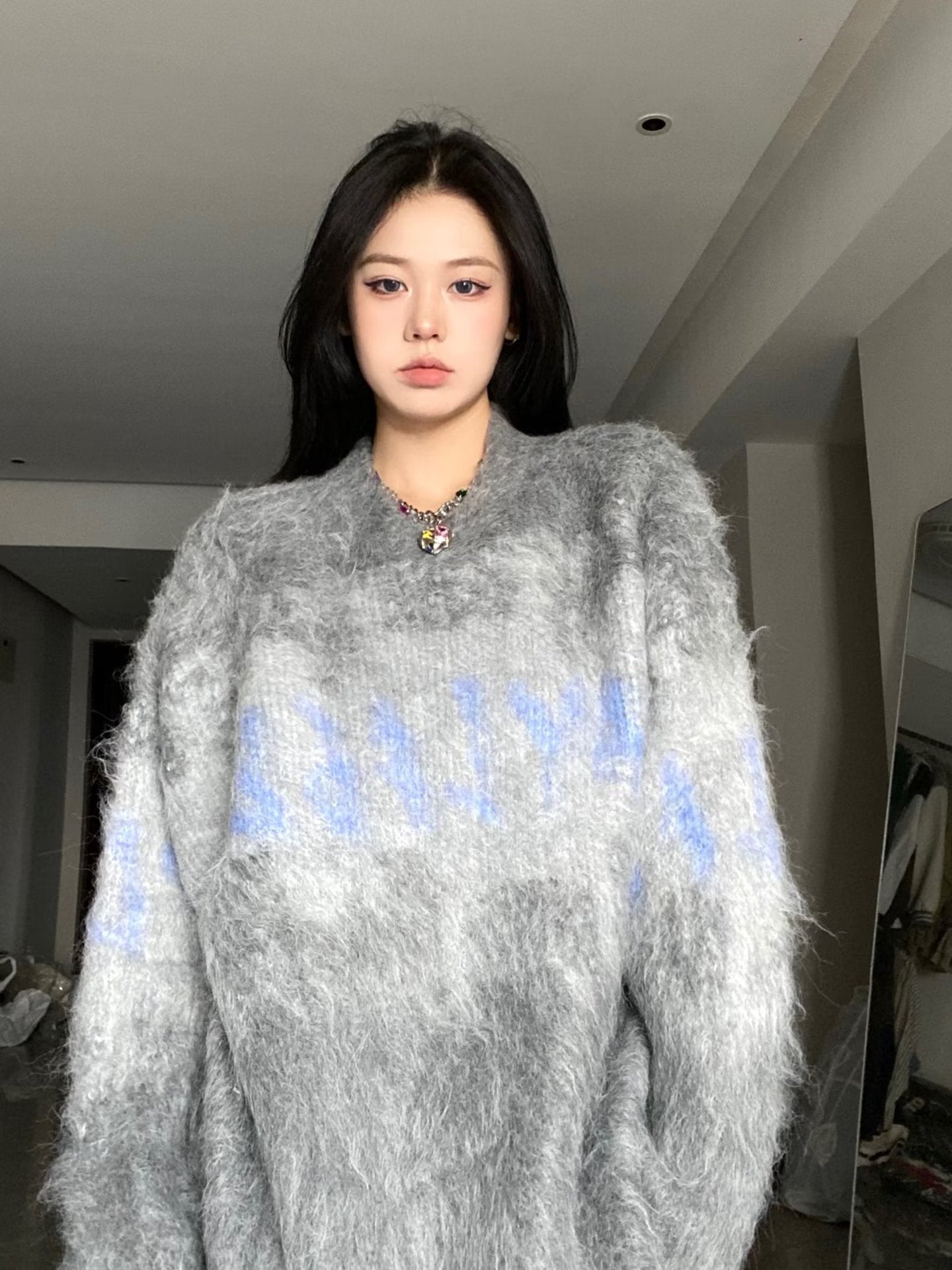 Fuzzy Contrast Color Print Oversized Sweater - fairypeony