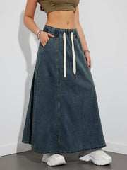 Elastic Waist Drawstring Flared Denim Skirt