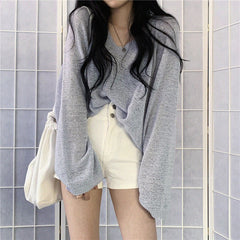 V-Neck Oversized Long Sleeve Knitted Loose Tee