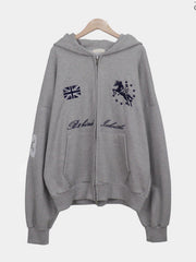Embroidered oversized zip-up hoodie in gray, product shot