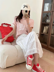 Embroidery Bow Oversized Short Sleeve Tee