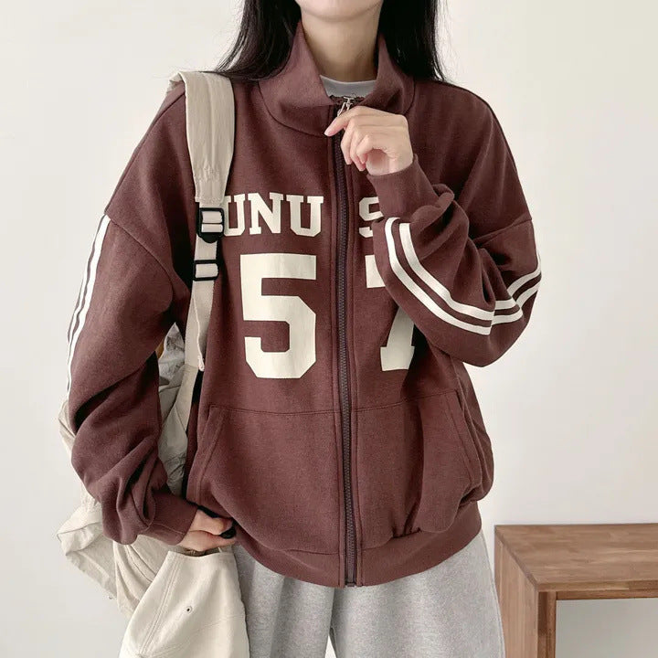 Vintage Number Print Oversized Zip Up Jacket