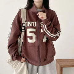 Vintage Number Print Oversized Zip Up Jacket