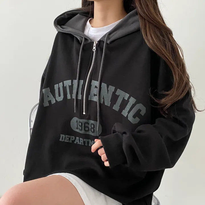 Vintage Letter Print Zipper Oversized Hoodie