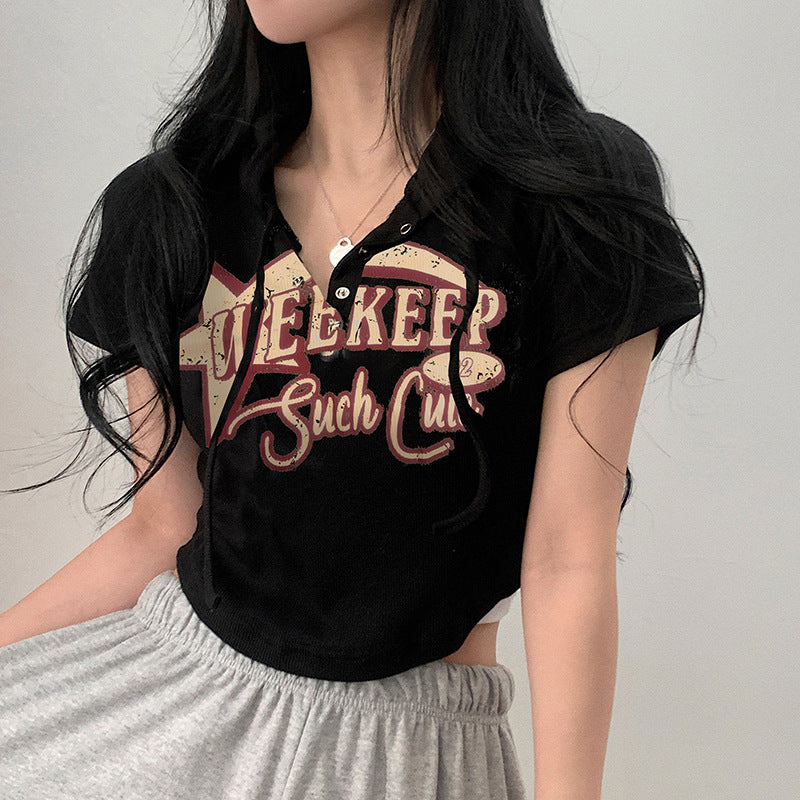 Star Logo Print Hooded Rib Crop Top - fairypeony