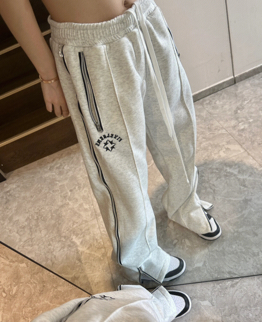 Side Zip Up Stretchy Waist Loose Sweatpants - fairypeony