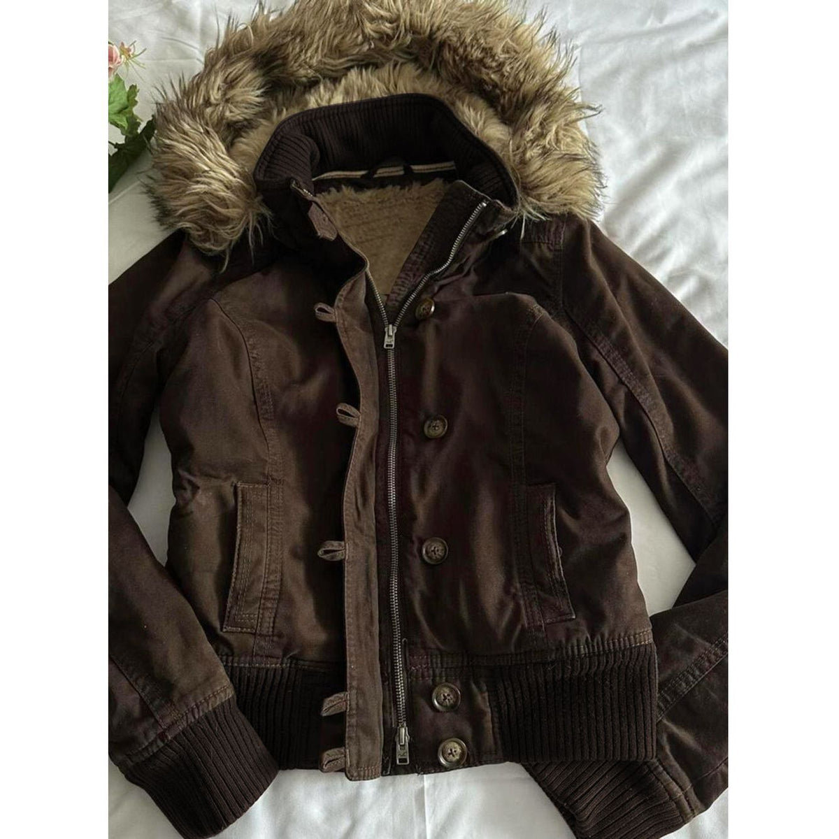 Vintage Hooded Fur Collar Jacket – A-Line Slim Waist Faux Fur Coat