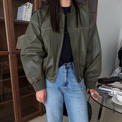 Vintage Sewing Details Pu Leather Zip Up Jacket