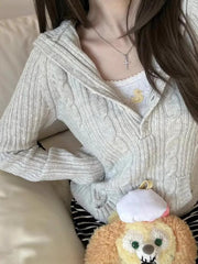 2000s Twisted Stripe Hooded Knit Sweater – Cable Knit Pullover in White One Size