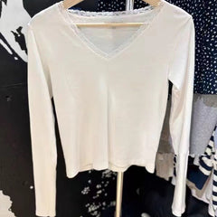 V-neck Lace Trim Long Sleeve Tee