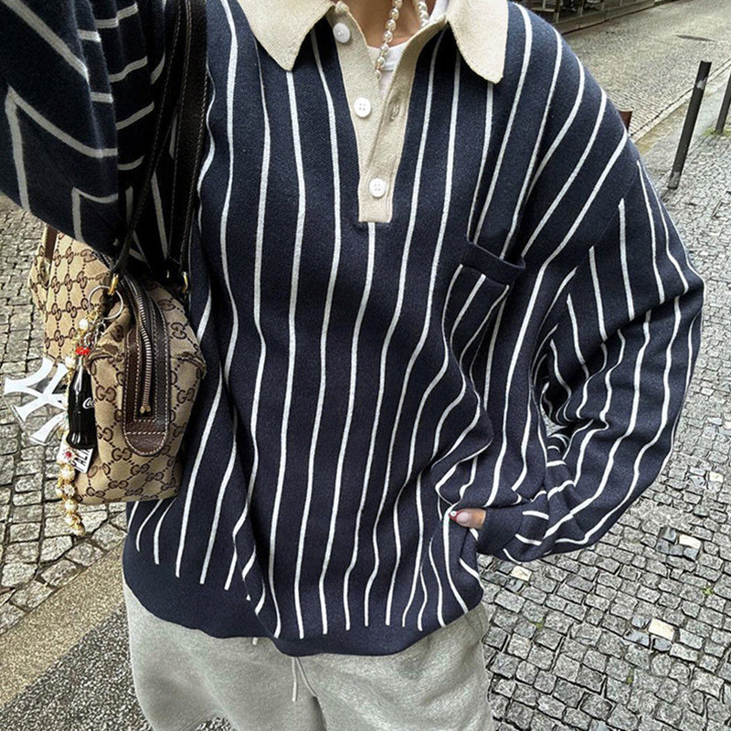 90s Polo Collar Striped Loose Sweatshirt