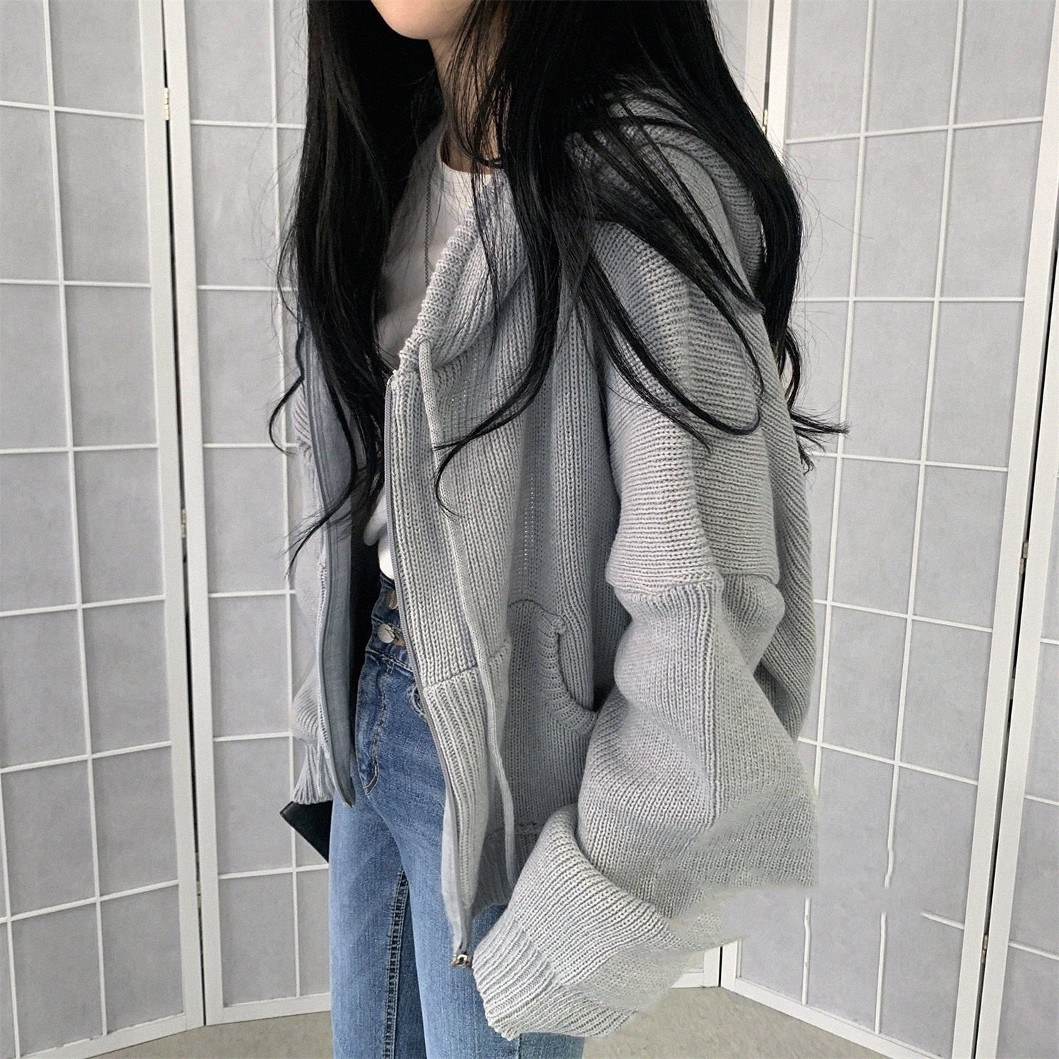 Solid Color Oversized Hooded Zip Up Cardigan