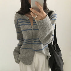 Dark Academia Round Neck Striped Cardigan