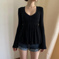 Lace Trimmed Doll Collar Slimming T-Shirt
