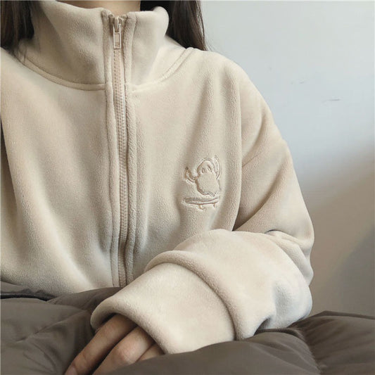 Embroidery Zip Up Fleece Jacket - fairypeony