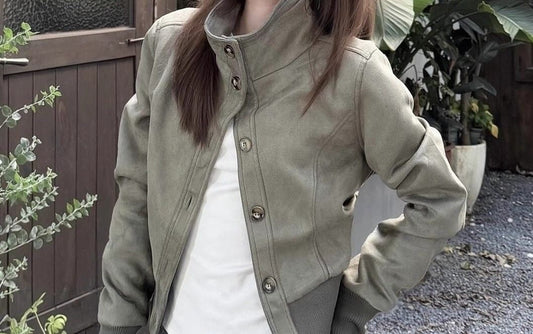 Retro high-street cropped coat in dark green-grey, collar up