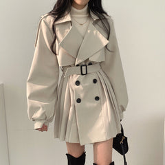 Solid Color Double-breasted Long Sleeve Trench Coat