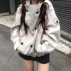 Oversized stand collar double-breasted jacket in cream (color 1), front view