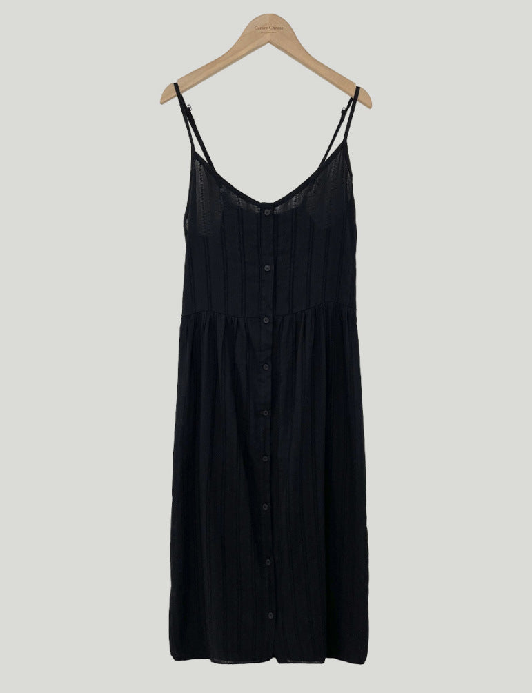 V-neck Single breasted Hollow Lace Midi Sling Dress