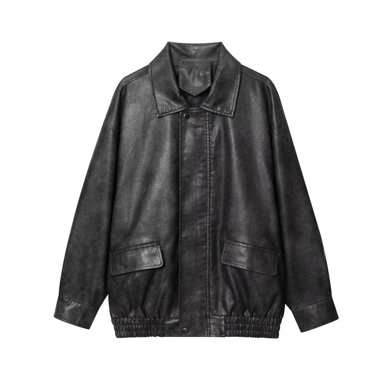 Basic PU Mid-Length Leather Jacket – Lapel Loose Fit Geometric Zip-Up Coat