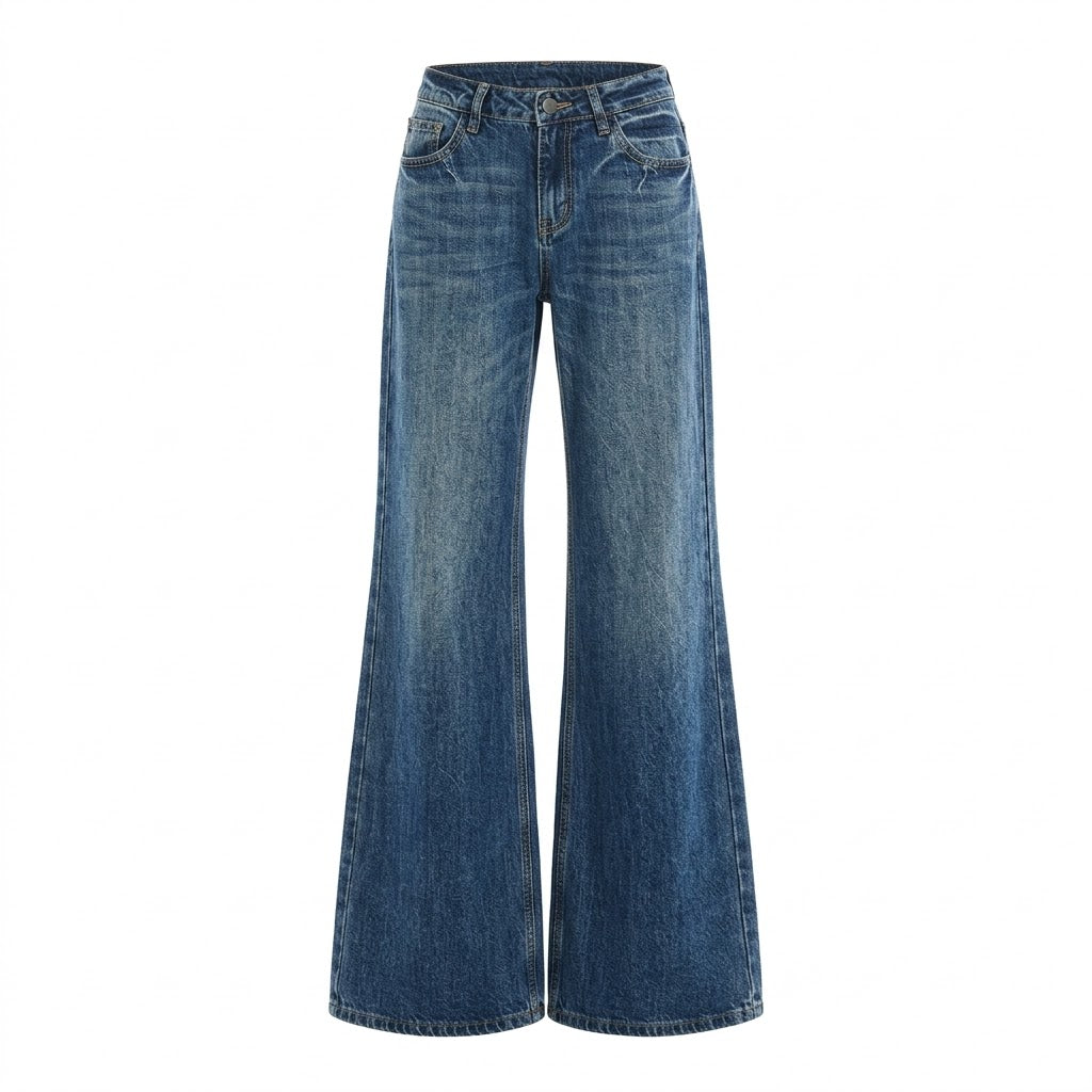 2000s Vintage Cat-Claw Cracked Bamboo Flared Jeans – High-Waist Wide-Leg Denim XS–XL