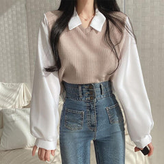 Polo Collar Patchwork Long Sleeve Blouse