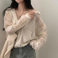 Jacquard Drawstring Thin Knitted Hooded Zipper Cardigan