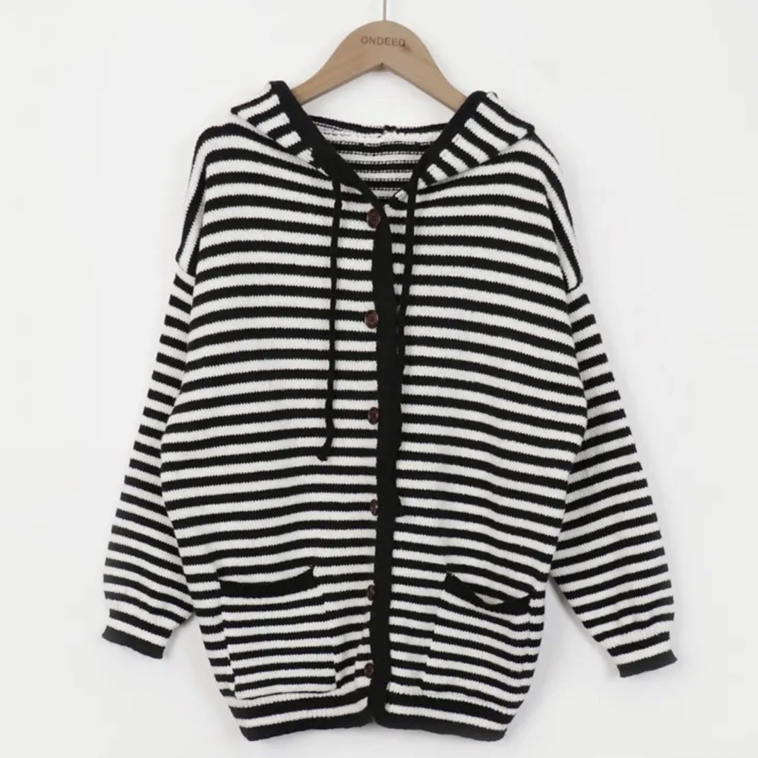 Vintage Striped Loose Hooded Knitted Cardigan