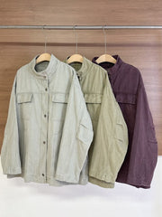 Stand Collar Long-Sleeve Coat – Snap Button Washed Cotton Jacket in 3 Colours