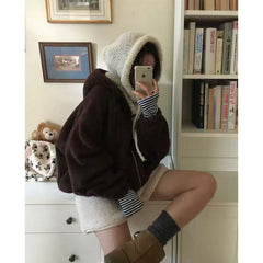 Loose Fit Zipper Hooded Furry Fleece Jacket – Plush Warm Sweatshirt Coat