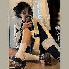 Color Block Zip Up Corduroy Bomber Jacket - fairypeony