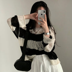 Vintage Cable Knit Striped Loose Knitted Tee