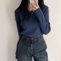 Solid Color V-Neck Knitted Slim Tee