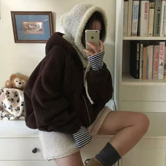 Loose Fit Zipper Hooded Furry Fleece Jacket – Plush Warm Sweatshirt Coat