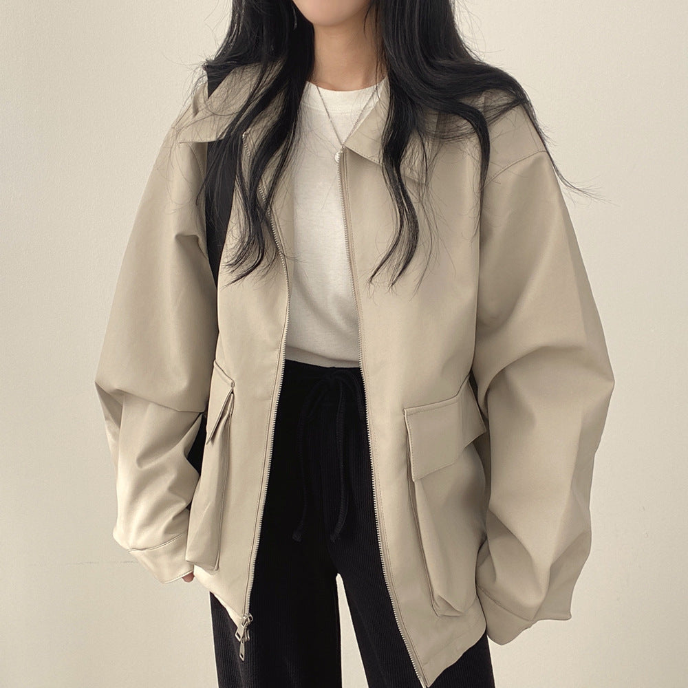 Chic Lapel Double Pocket Leather Jacket