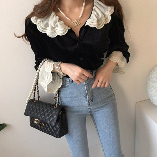 Vintage Velvet Lace Splice Long Sleeve Blouse - fairypeony