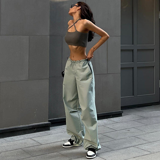 Belted Drawstring Parachute Cargo Pants - fairypeony