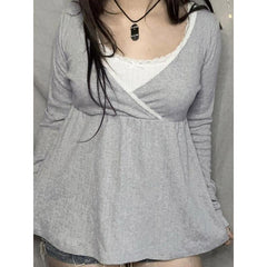 2000s Lace Patchwork Cross-Collar Babydoll Top – Wrap V-Neck in White Gray Black S–L